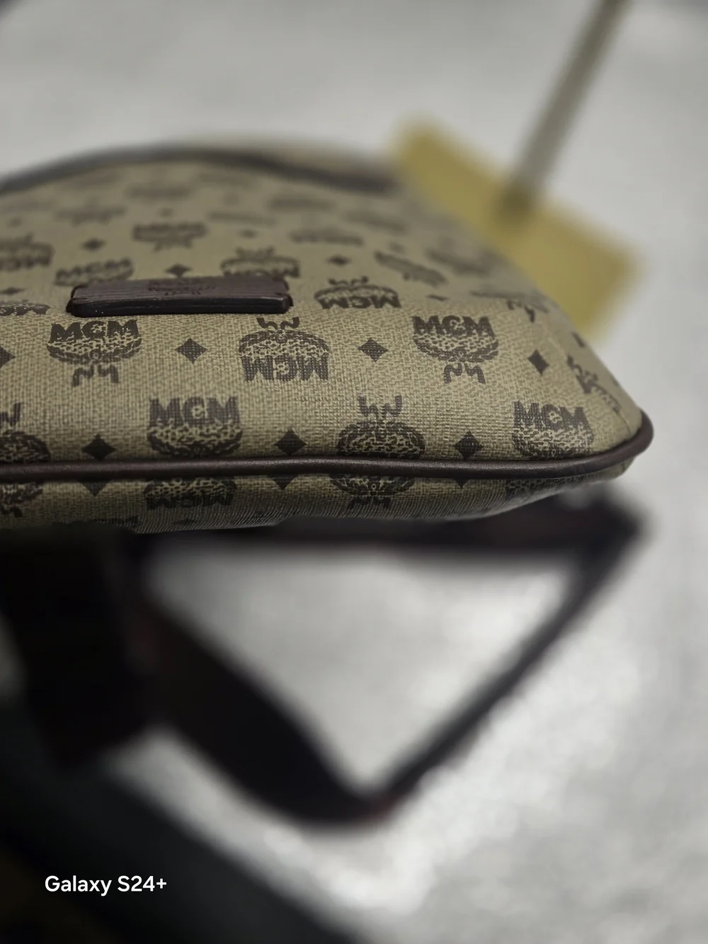 Authentic MCM Visetos Crossbody Messenger Bag Khaki Brown Logo Strap Unisex